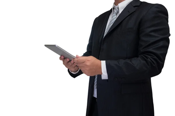 Geschäftsmann hält Tablette in der Hand isoliert auf weißem Hintergrund — Stockfoto