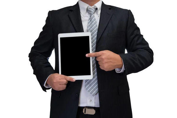 Zakenman houden tablet in de hand geïsoleerd op witte achtergrond — Stockfoto