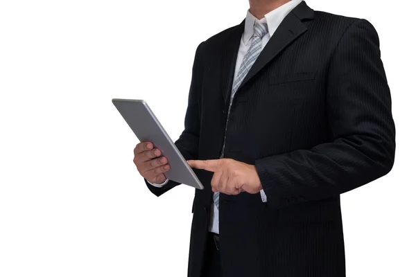 Business man holding tablet in hand isolated on white background — Stock Photo, Image