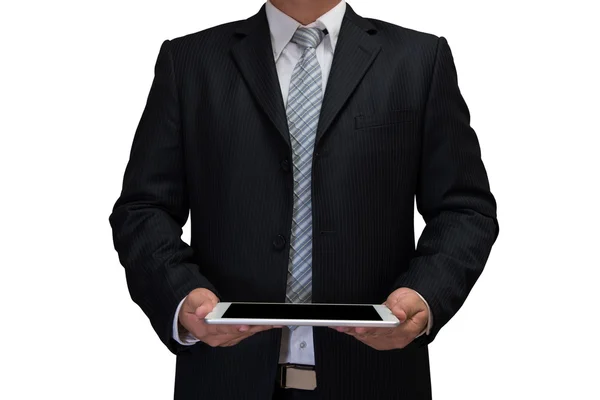Business man holding smart phone in hand isolated on white backg — Stock Photo, Image