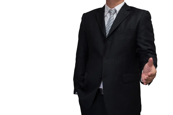 Business man with welcome hand in black suite — Stock Photo, Image