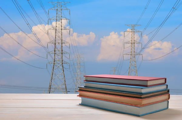 Stack of book with electric post backgroud — Stock Photo, Image