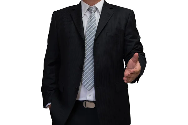 Business man with welcome hand in black suite isolated on white — Stock Photo, Image