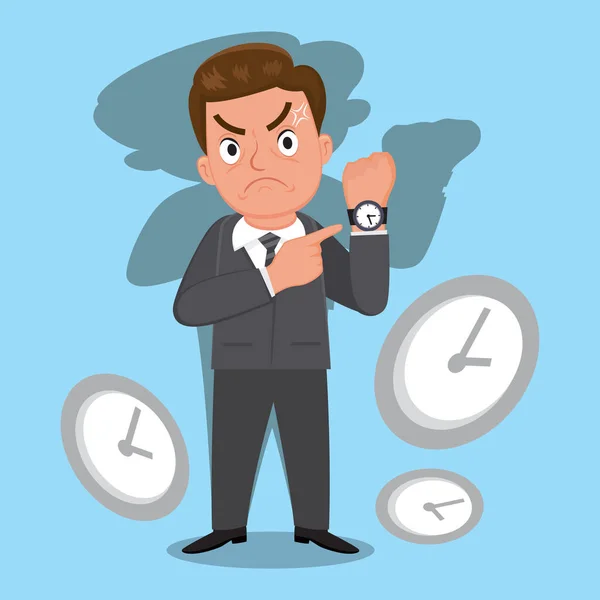 Homem Negócios Irritado Apontando Relógio Perguntando Pontualidade Quer Ser Tempo —  Vetores de Stock