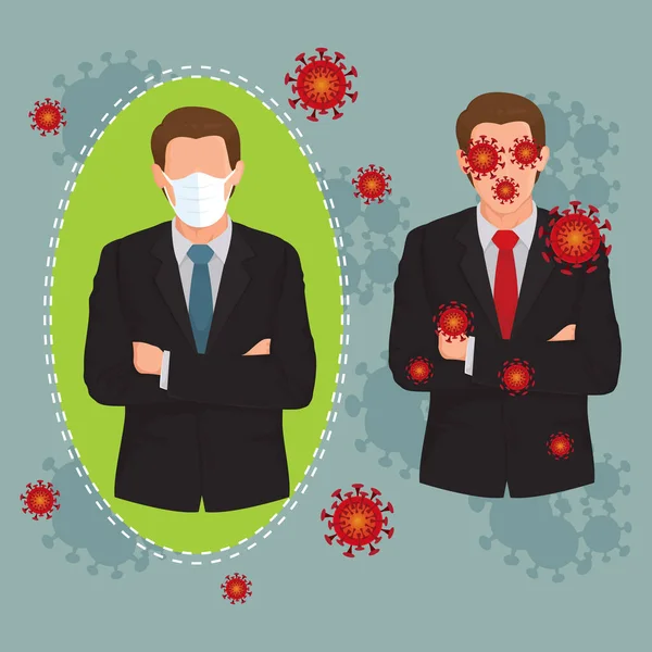 Businessman Wearing Protective Medical Mask People Fighting Covid Cells Illustration Vector Graphics
