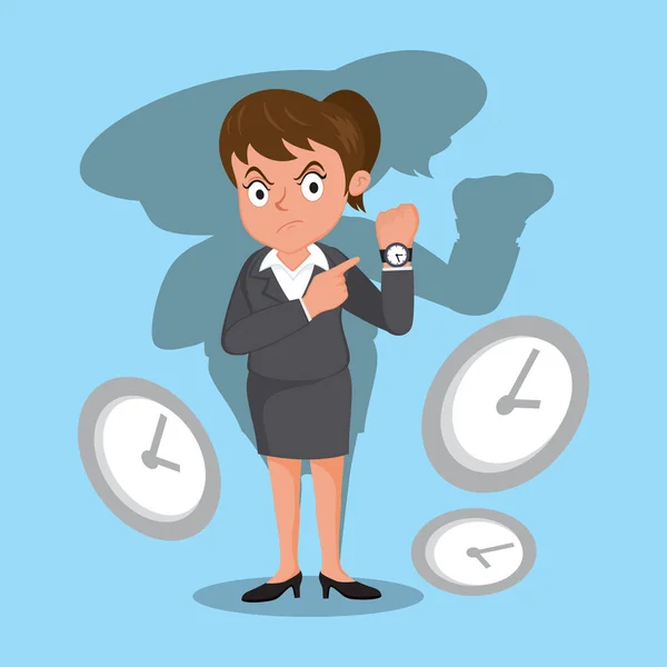Angry Businesswoman Pointing Watch Asking Punctuality Wants Time Illustration Vector — Stock Vector