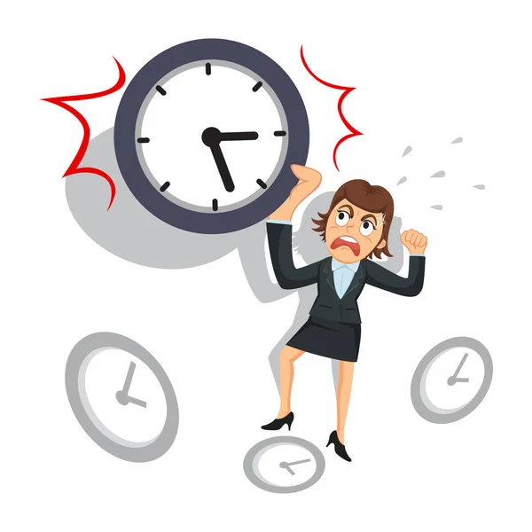 Mulher Negócios Irritada Gritando Segurando Relógio Conceito Prazo Ilustração Desenho —  Vetores de Stock