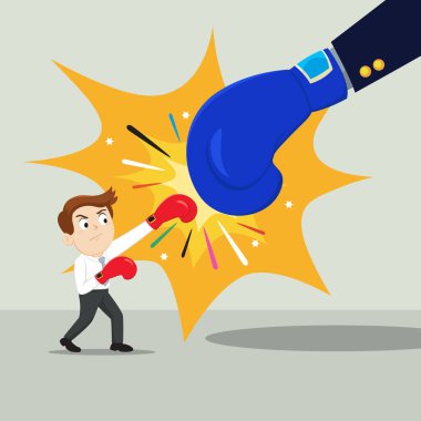  Small businesswoman hand hitting and fighting giant businessman hand, illustration vector cartoon