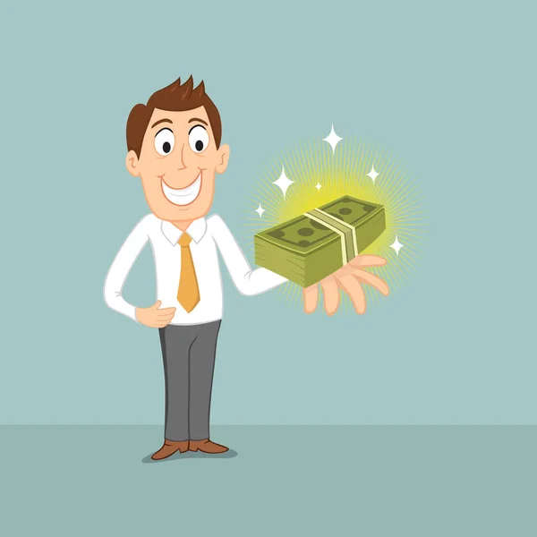 Happy Man Holding Large Sum Bank Notes Payments Banca Financiera — Vector de stock