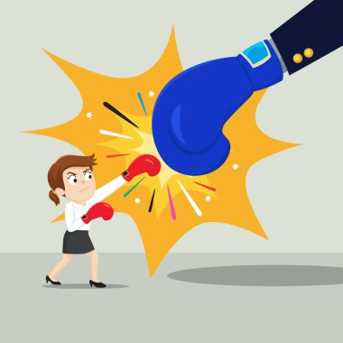  Küçük işadamı eli dev iş adamı eline vurup dövüşüyor. Çizim vektörü karikatürü.