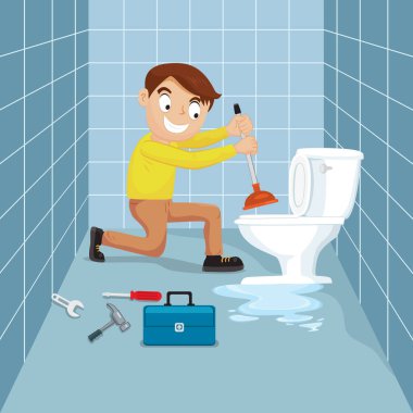 Tuvalet lağımını lavaboyla temizleyen adam, tuvalette sızıntı onarımı, vektör illüstrasyon çizgi filmi.
