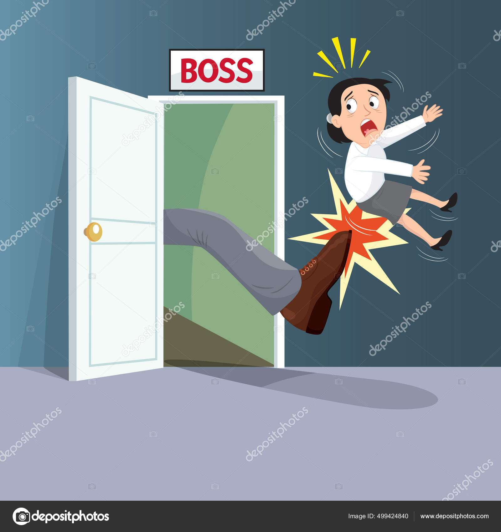 Man being kicked boss employees out Royalty Free Vector