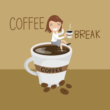 İş adamı büyük kahve fincanında dinleniyor, kahve molası veriyor, kahveyi tazeliyor, illüstrasyon yapıyor.