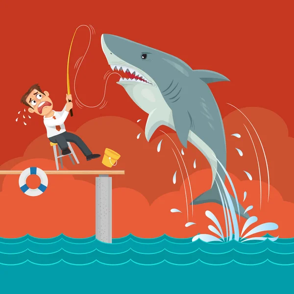 Podnikatel Sedí Rybářským Žralok Stávka Podnikatel Žraloci Koncept Ilustrace Vektor — Stockový vektor