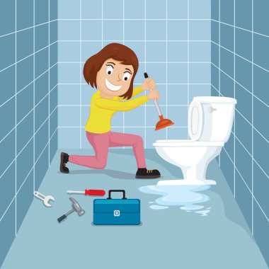 Tuvalet lağımını lavaboyla temizleyen kadın, tuvalette sızıntı onarımı, vektör illüstrasyon çizgi filmi.