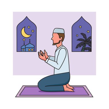 Müslüman Dua Adamı. Çizgi film, Vektör, Görüntü. 