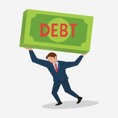 Para Bankası Borcu Taşıyan İşadamı. Çizgi film Vektör İllüstrasyonu. 