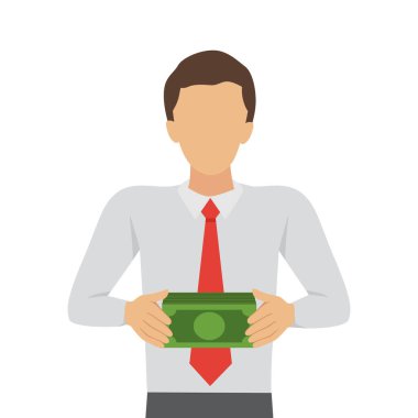 Elinde para banknotları olan bir adam. Çizgi film Vektör İllüstrasyonu.