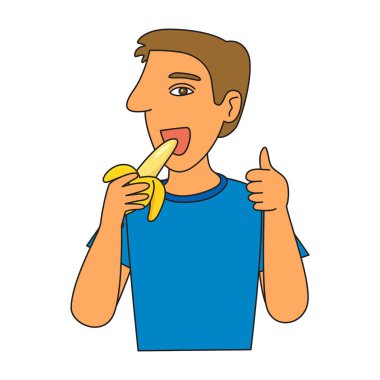 Adam elinde muz yiyordu. Çizgi film Vektör İllüstrasyonu. 