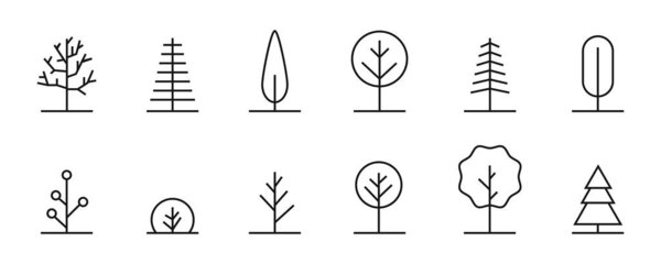 Trees linear icons. Vector thin line tree collection.