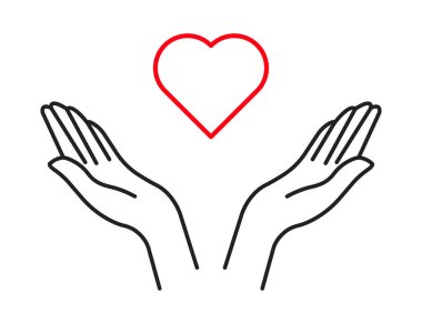 Kalp ikonlu el. vektör illüstrasyonu. 