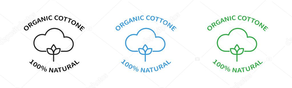 100% natural organic cotton logo. Vector icon set on white background.