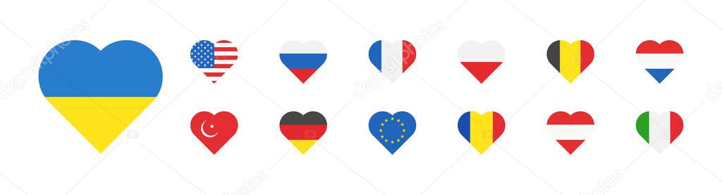 Country national heart flag collection. Vector illustration. Flags of different countries icon set.