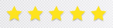Beş yıldızlı. Şeffaf arkaplanda sarı beş yıldızlı düz bir simge. Vektör illüstrasyonu.
