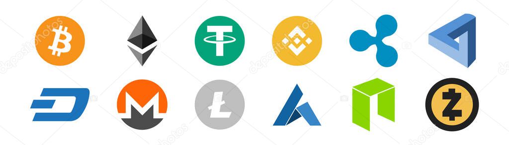 Cryptocurrency logo icon set on white background. Vector illustration. Bitcoin Ethereum Ripple logotype. Crypto currency symbol collection.