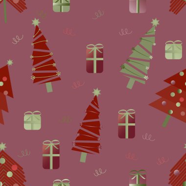 Evergreen Noel ağaçları ve açık mavi arka planda hediyeler ve kurdeleler. Kusursuz desenler. Tekstil, tatil kartları, duvar kağıtları ve arka planlar için. Vektör illüstrasyonu.