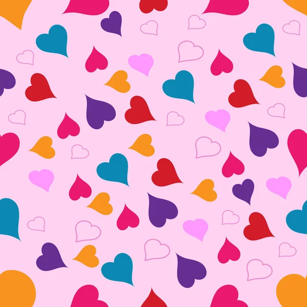 ピンクの背景に多色の心 バレンタインデーや結婚式のためのシームレスなパターン ポストカード 壁紙や背景のために ベクターイラスト — ストックベクタ