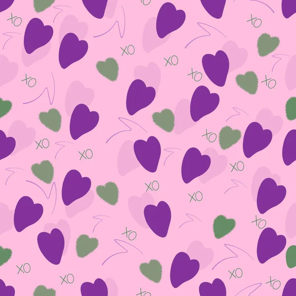 Fluffy Hearts Serpentine Inscription Pink Background Seamless Patterns Valentine Day — 스톡 벡터