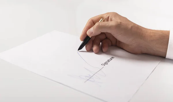 Closeup Businessman Hand Signing Contract Signature Close — Stock Photo, Image