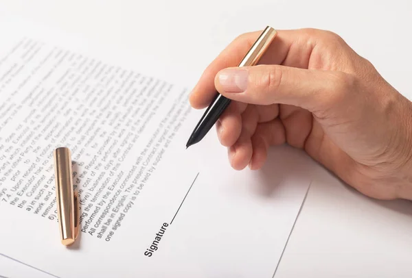 Contract Signing Concept Close Male Hand Putting Signature Legal Agreement — Stock Photo, Image