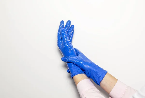 Médico Manos Guantes Con Estetoscopio Concepto Examen Médico Sobre Fondo —  Fotos de Stock