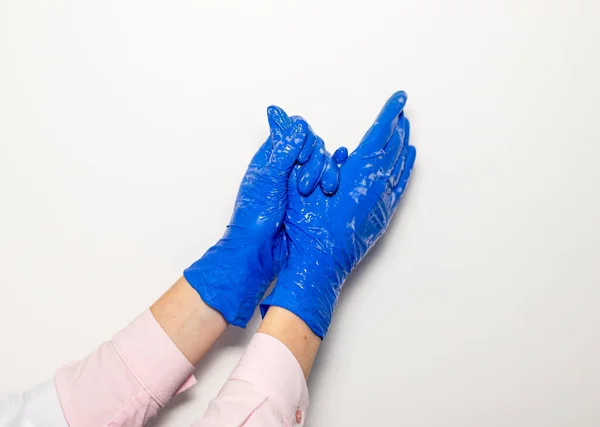 Médico Manos Guantes Con Estetoscopio Concepto Examen Médico Sobre Fondo — Foto de Stock