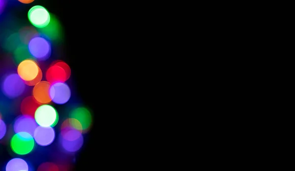 Black Horizontal Background Copy Space Blurred Multicolored Christmas Lights Left — Stock Photo, Image