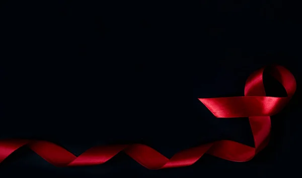 World Aids Day Concept Red Ribbon Isolated Black Background Banner — Stock Photo, Image