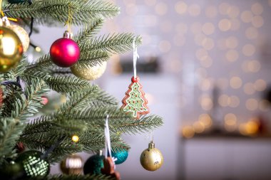 Mücevherleri ve topları olan güzel ilk ağaç dallarının, xmas süslemelerinin, oyuncakların, ışıkların ya da çelenklerin olduğu güzel manzarayı kapat..