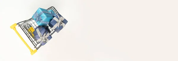 Кошик Або Візок Наповнений Подарунковими Коробками Синьому Папері Тролейбус Подарунками — стокове фото