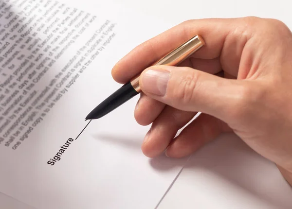 Contract Signing Concept Businessman Hand Pen Document Closeup — Stock Photo, Image