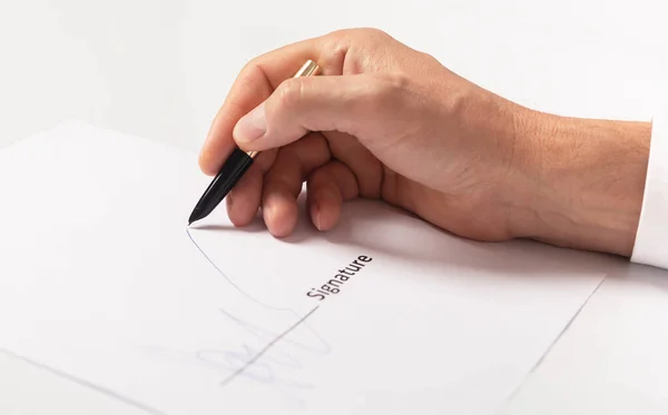 Closeup Businessman Hand Signing Contract Signature Close — Stock Photo, Image