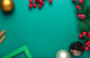 Çam ağacı dalı, tarçın, incik boncuk ve kırmızı böğürtlenlerden oluşan yeşil renkli Noel sancağı.