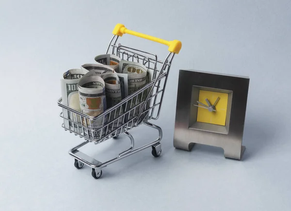 Cash Shopping Cart Clocks Time Money Concept — Stock Photo, Image
