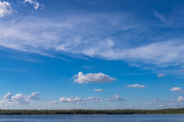 Mavi güneşli gökyüzü ve orman ufkuyla kaplı bulutlar..