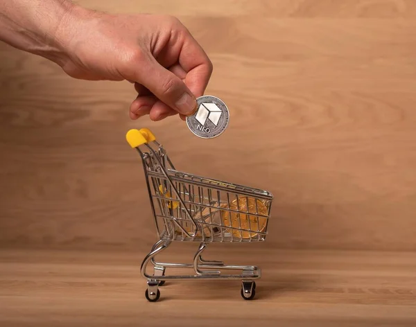 Neo Silver Coin Male Hand Putting Shopping Basket Crypto Payments — Stock Photo, Image