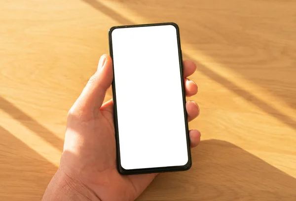 Мобильный Телефон Макет Белым Экраном Вашего Приложения Сайта Мужской Руке — стоковое фото