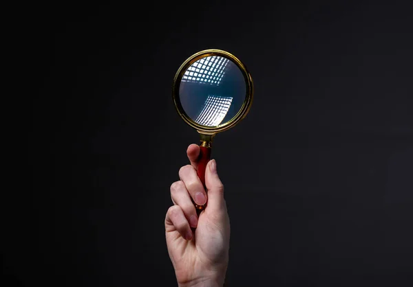 Magnifying Glass Reflection Female Hands Dark Black Gray Background — Stock Photo, Image