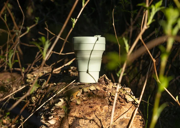 Mehrweg-Silizium-Kaffeetasse im Wald zwischen grünen Pflanzen, Bäumen. Ökologischer Lebensstil — Stockfoto