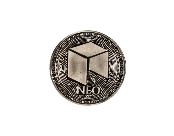 NEO silver coin symbol isolated on white background. Top view of cut out cryptocurrency — Stock Photo, Image